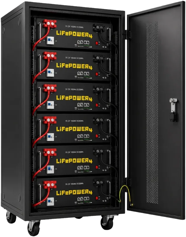 Batterirack med seks LiFePO4-moduler på 51,2 volt og 100 amperetimer.